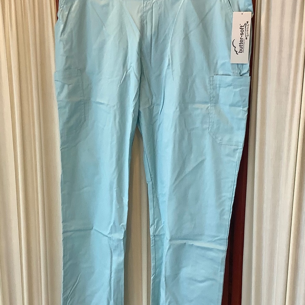 Butter-Soft Stretch Women's 4-Pocket Knit Waistband Scrub Pants NWT Blue Size LT